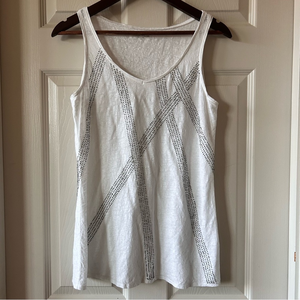 Eileen Fisher White Linen Tank Top with Studded Detail – Size XS